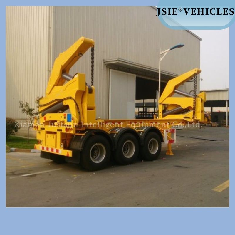Container lifting and transport semi trailer maneuvering heavy cargo in a decentralized logistics yard